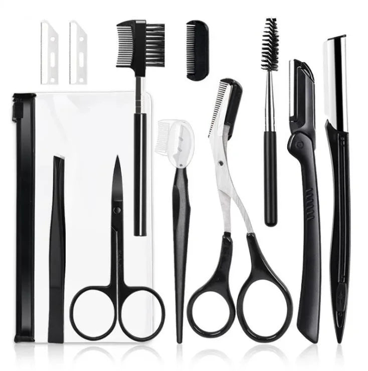 Un kit professionnel d'outils pour tailler et entretenir les sourcils, incluant peignes, pinces et ciseaux.
