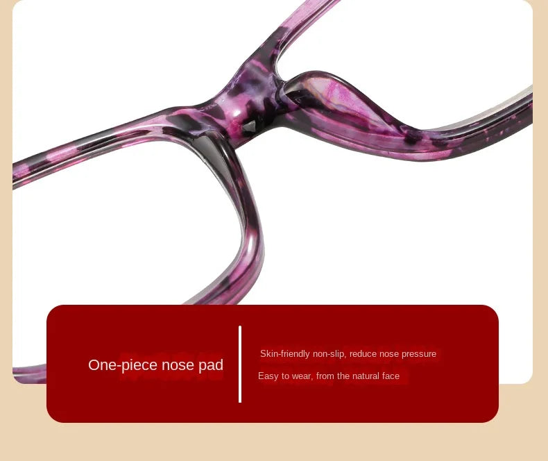 Purple photochromic reading glasses with a one-piece nose pad