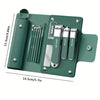 A green professional stainless steel manicure set with several metal tools and nail clippers.