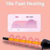 A ceramic curling wand is shown with a heating indicator display and the product itself.