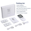 Weißer Elektrostimulator-Kit mit Box, Hauptgerät, Elektrodenkabel, Ladekabel und Patches.