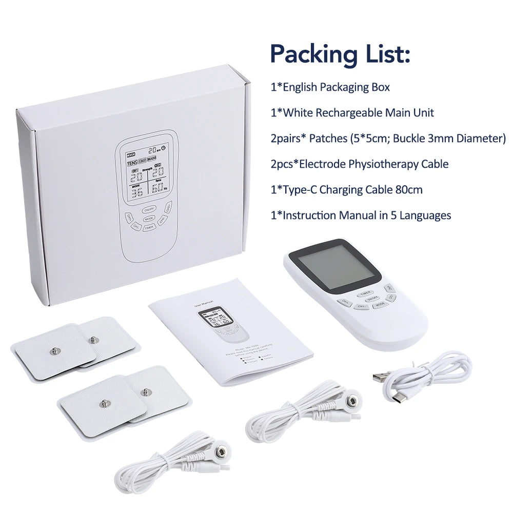 Weißer Elektrostimulator-Kit mit Box, Hauptgerät, Elektrodenkabel, Ladekabel und Patches.