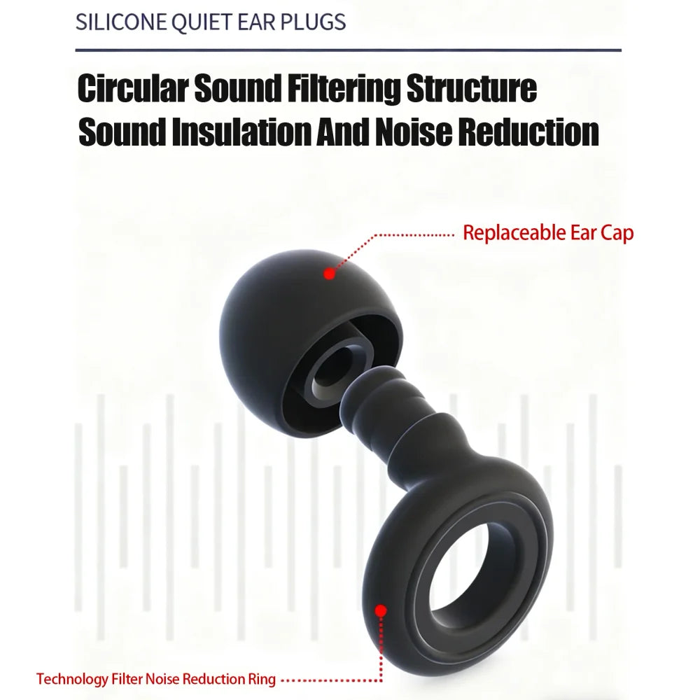 A black silicone ear plug with a circular sound filtering structure and a noise reduction ring.