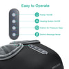 A black shiatsu foot massager with a control panel and a heat roller is shown on a gray fabric.