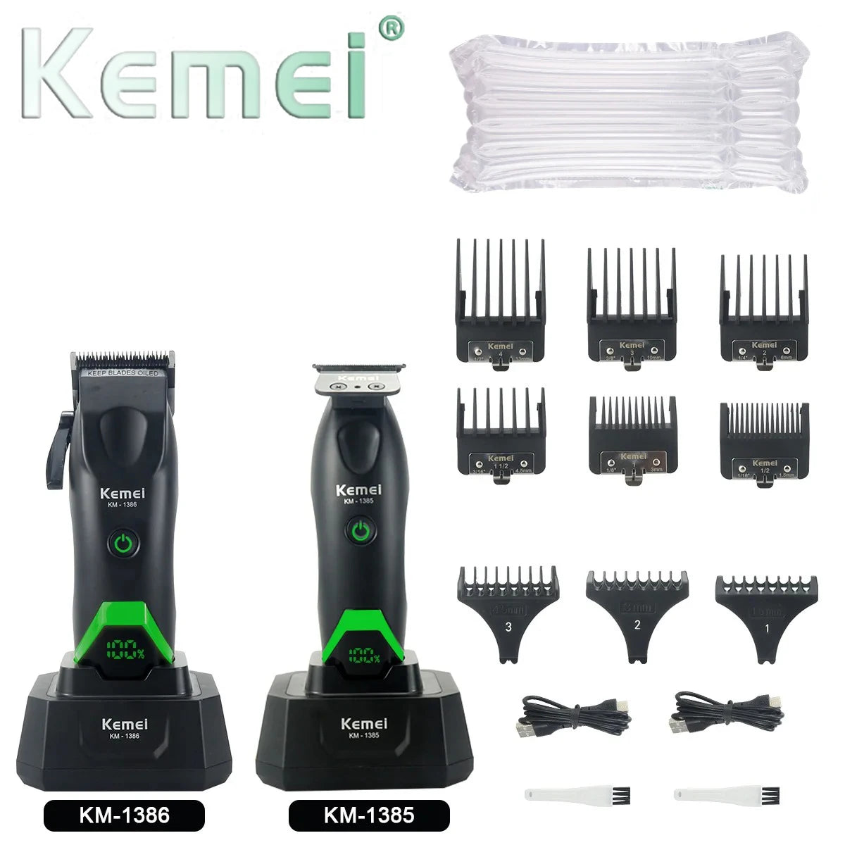 Set of Kemei electric hair clippers and trimmers including various guards and attachments