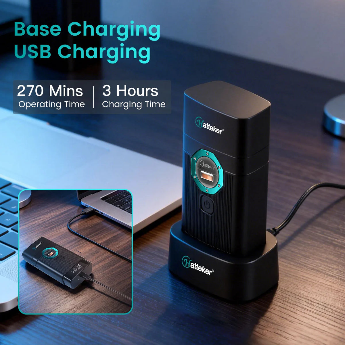 A black base charging station for a Pro Electric Shaver with magnetic levitation technology sitting on a wooden desk.