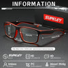 A box displaying a pair of red-framed, rectangular reading glasses with various measurements and brand information.
