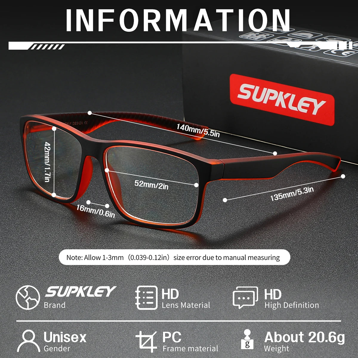 A box displaying a pair of red-framed, rectangular reading glasses with various measurements and brand information.