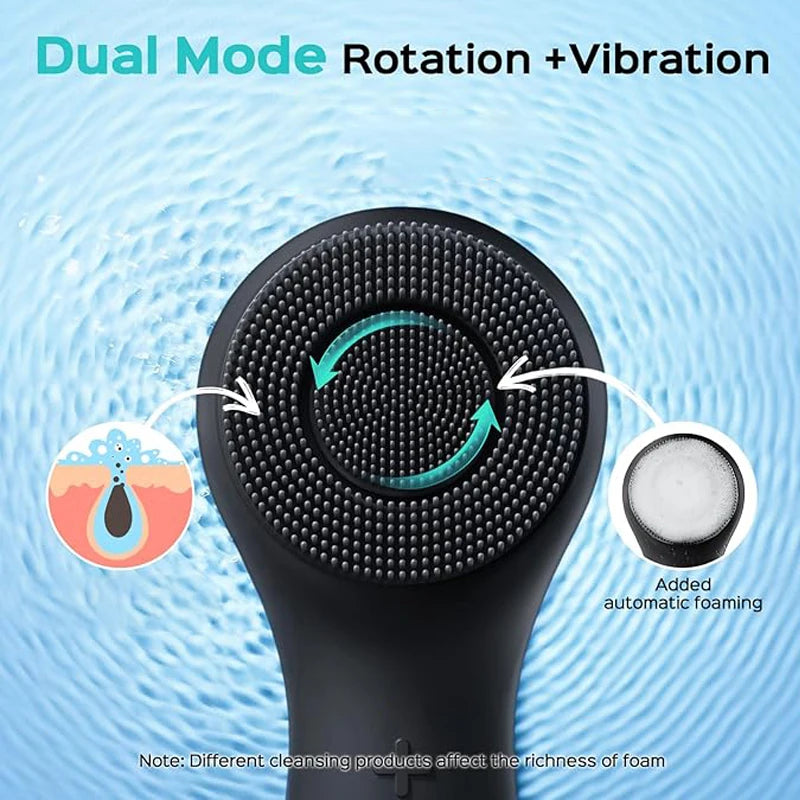 A black silicone facial cleansing brush demonstrating dual mode rotation and vibration for automatic foaming.