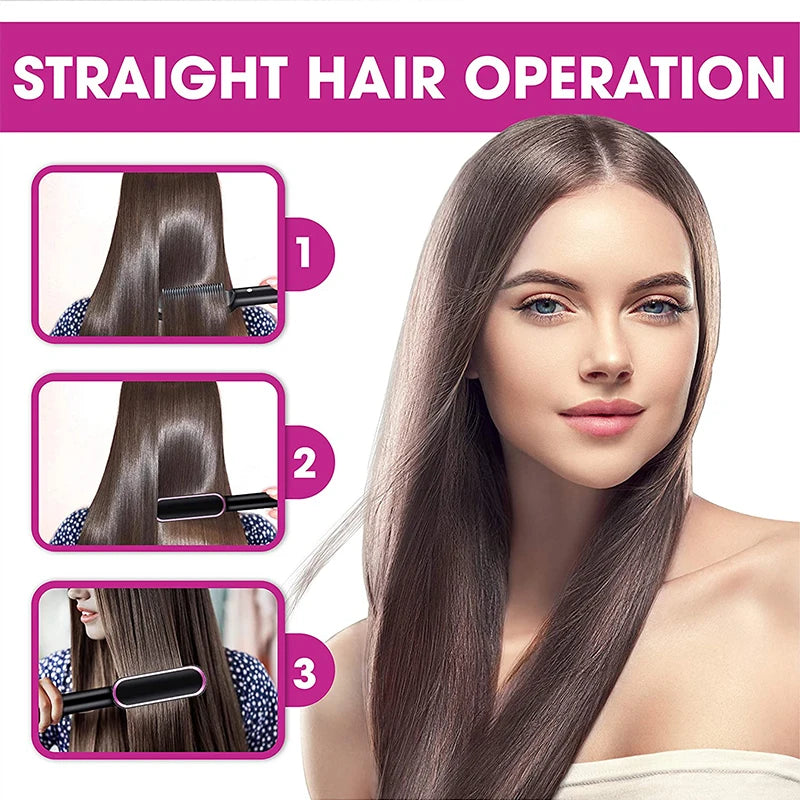 A woman's hair is being straightened using a heated comb, demonstrating a straight hair operation.
