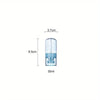A clear, portable refillable fine mist spray bottle with a blue cap and dispenser, shown next to dimension lines.