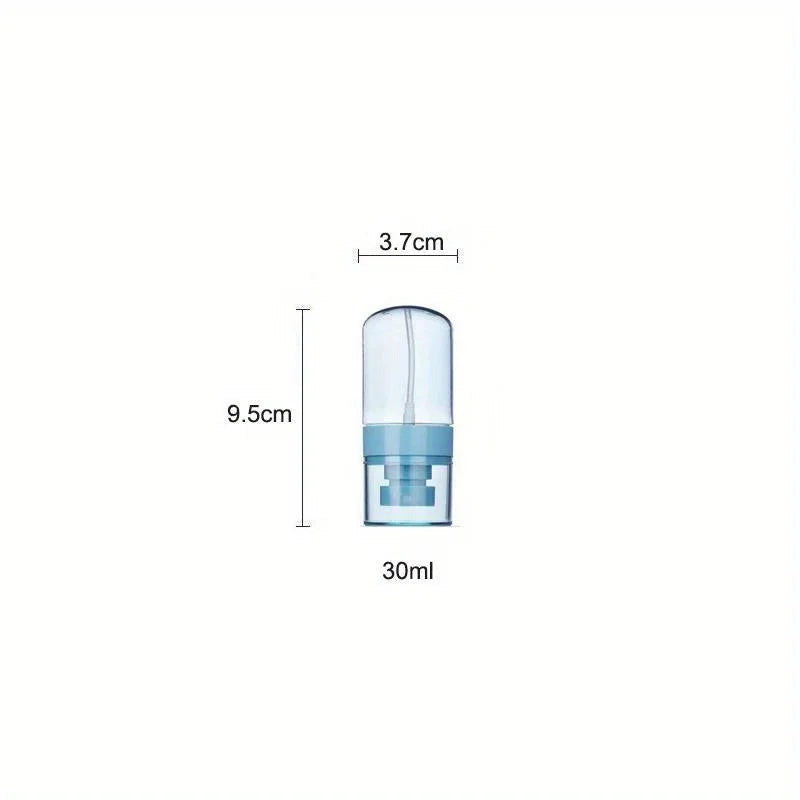 A clear, portable refillable fine mist spray bottle with a blue cap and dispenser, shown next to dimension lines.