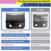 Comparison details for a clipper blade showing features like DLC coating, cutter tooth length, alloy material, drawing proces
