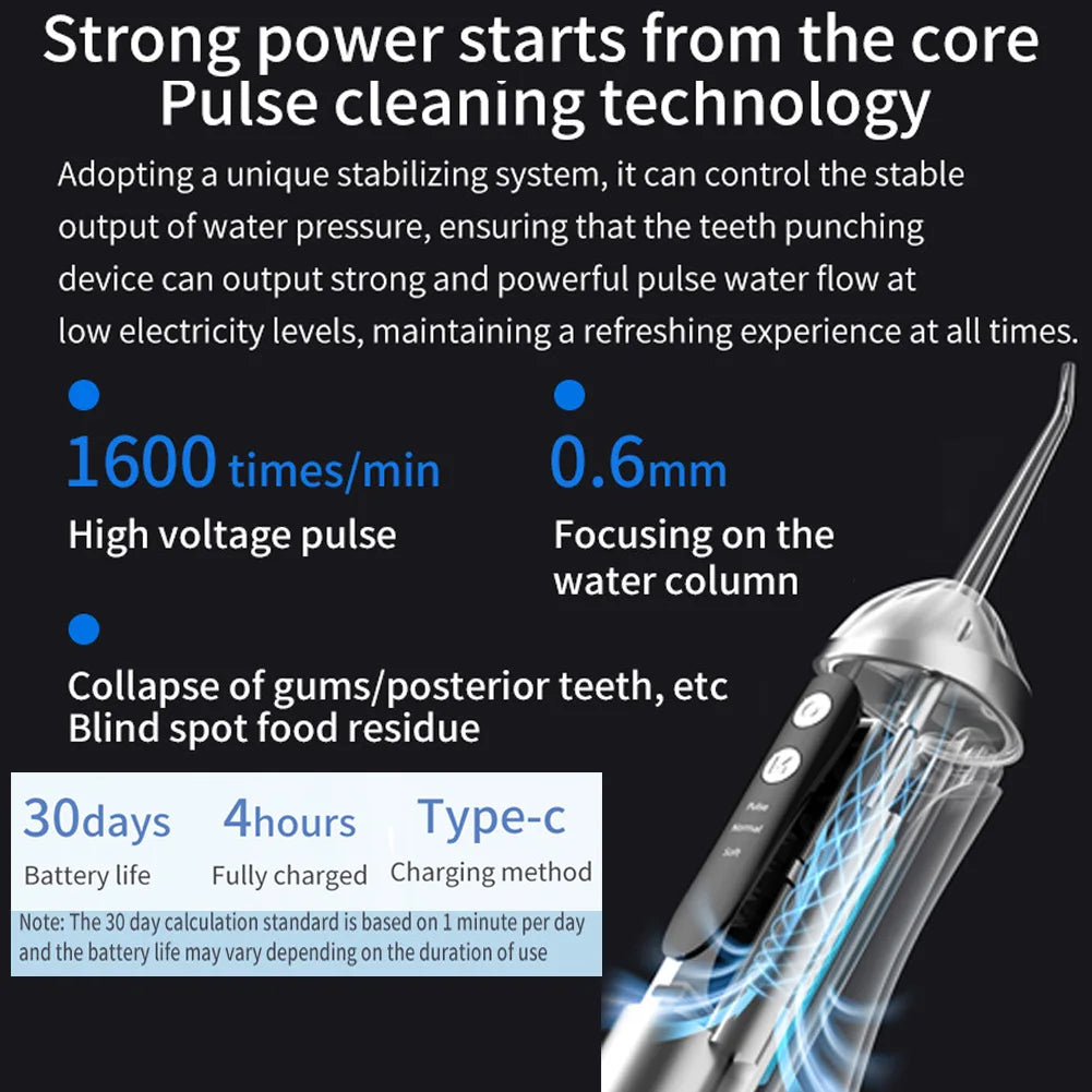 A close-up view of a silver portable oral irrigator device with a flexible tip, highlighting its design.