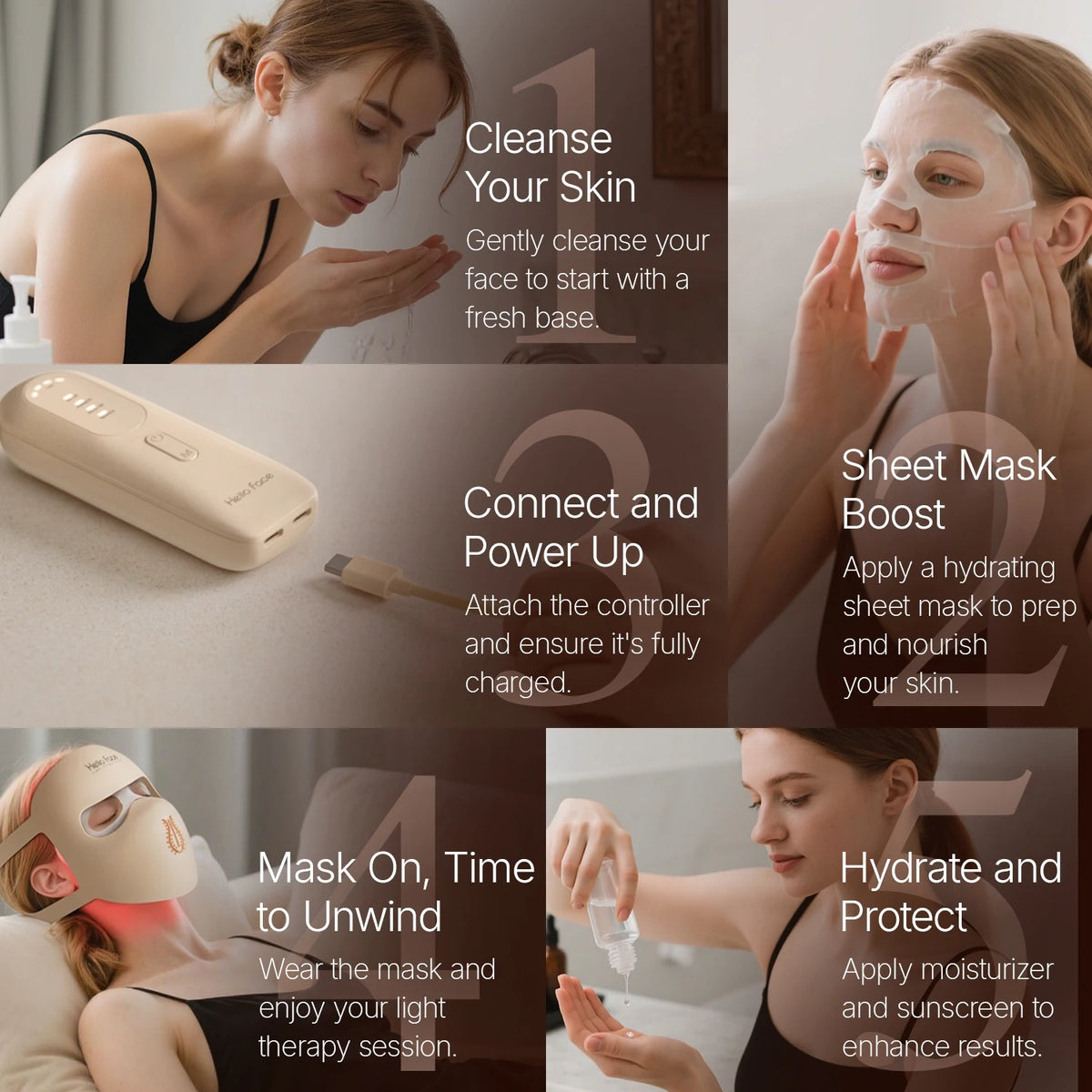 A woman applies a sheet mask to her face while using a handheld device for light therapy treatment.