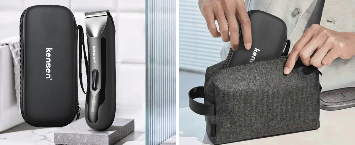 A hand is holding a black Kenzen electric body hair trimmer and a gray carrying case.