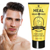 A tube of YUITIKUE Heal Head Face post-shave healing balm for men with a man applying it to his face.