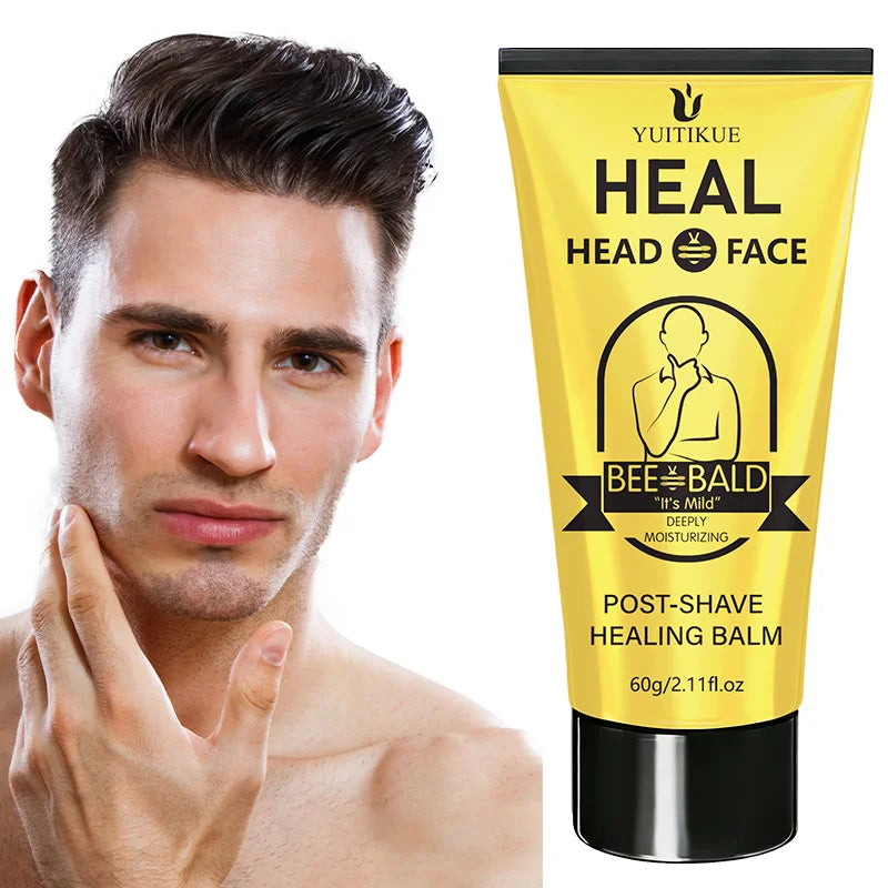 A tube of YUITIKUE Heal Head Face post-shave healing balm for men with a man applying it to his face.