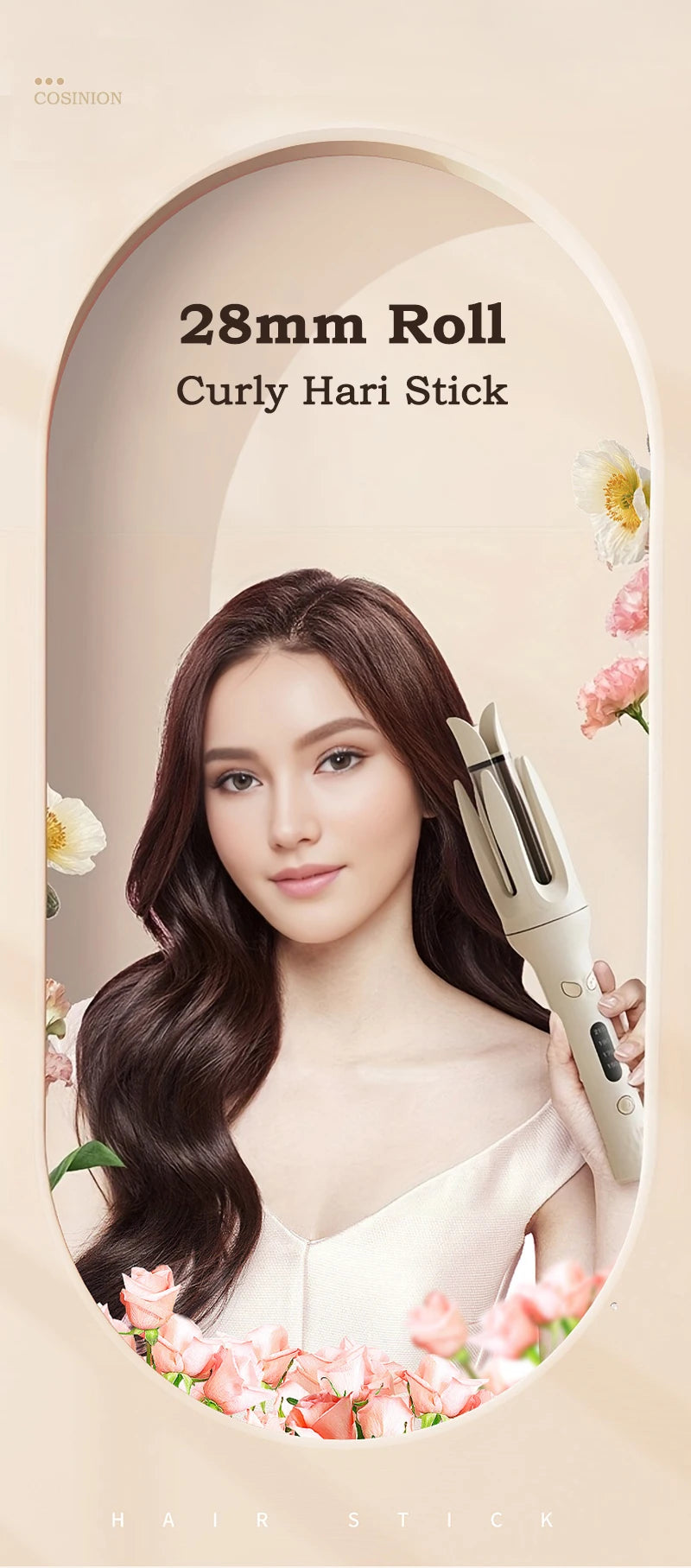 A woman models a wavy hairstyle while holding an automatic ceramic hair curler stick.