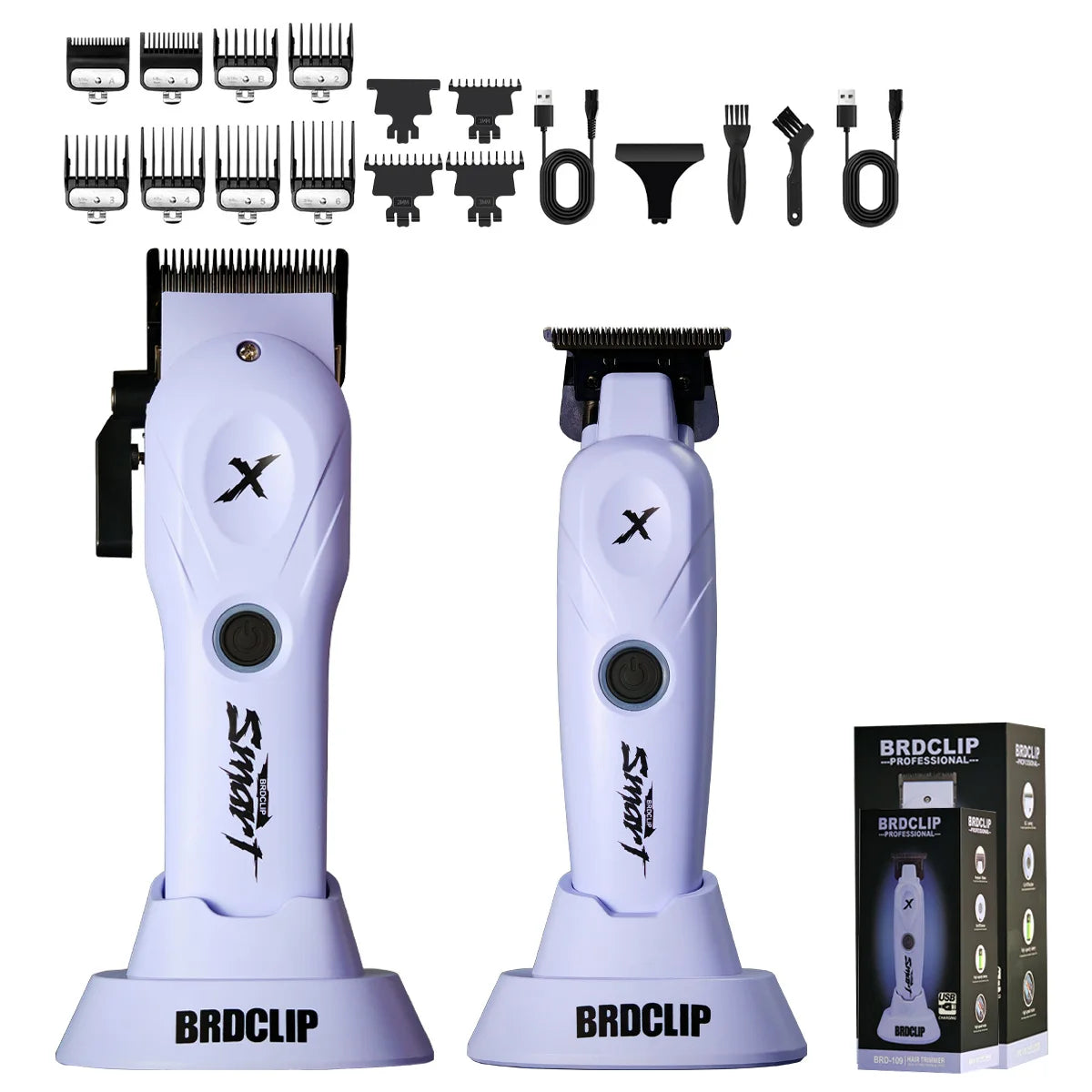 A set of professional multi-function hair grooming tools including clippers, combs, and various grooming attachments.
