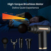A high-torque brushless motor massage gun with various interchangeable heads shown next to a person receiving a massage.