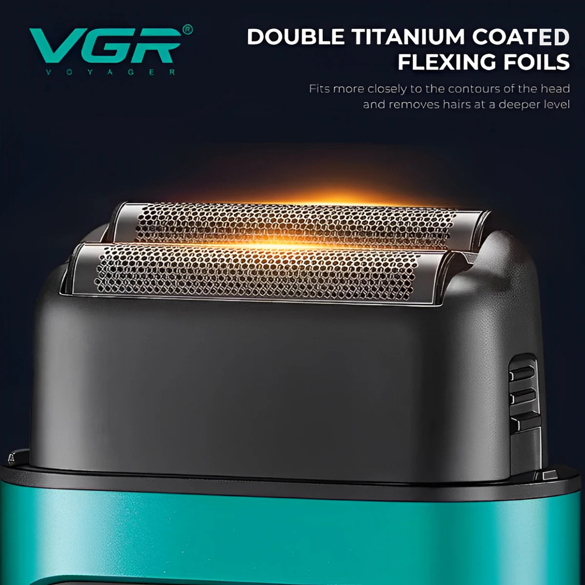 A close-up of a black electric hair trimmer with a textured metal comb and a teal body.