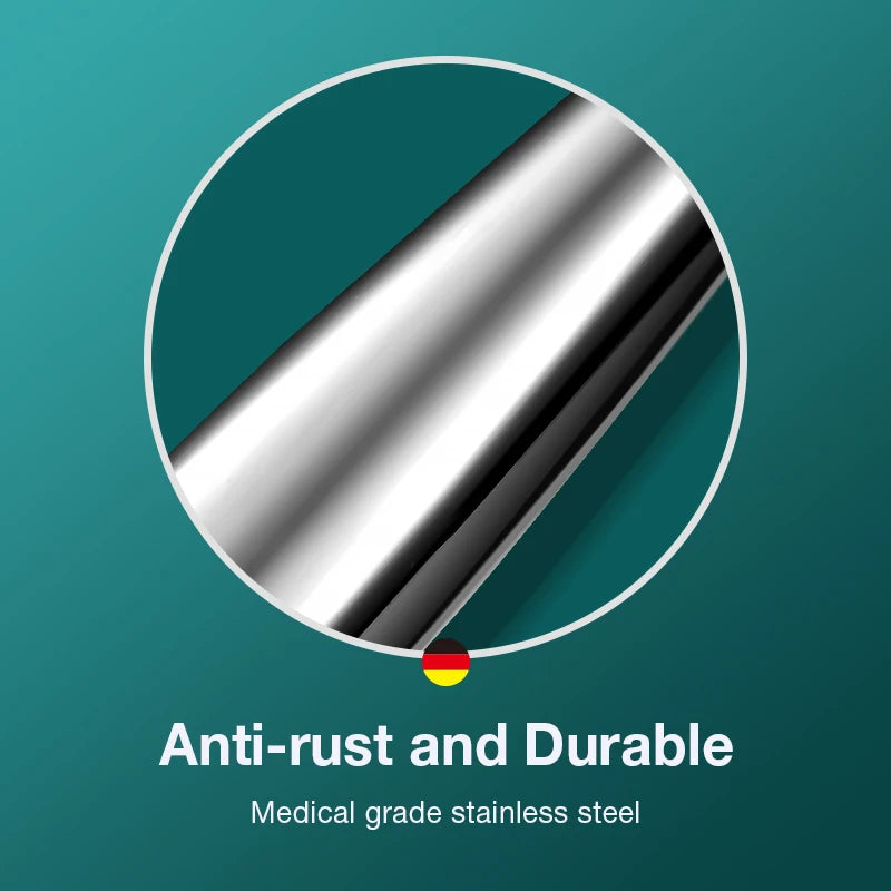 A silver stainless steel cuticle nipper shown diagonally within a circular frame, highlighting its anti-rust and durable medi
