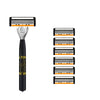 A black safety razor with a silver handle and seven replaceable blades displayed vertically.