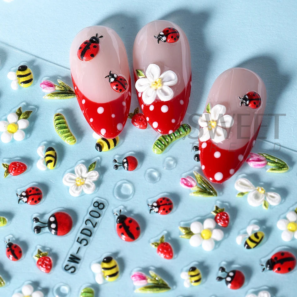 Red and white floral nail art stickers featuring spring designs on a clear background