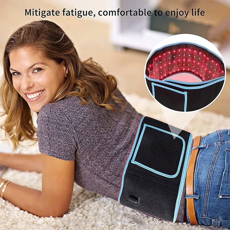 A woman is shown wearing a black LED therapy belt for pain relief and skin rejuvenation.
