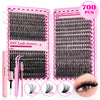 A pink box containing 700 individual clusters of mixed length black eyelash extensions and tools for DIY lash clusters