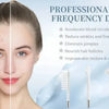 A woman is shown receiving a facial treatment with a professional high frequency device, alongside several wand attachments.
