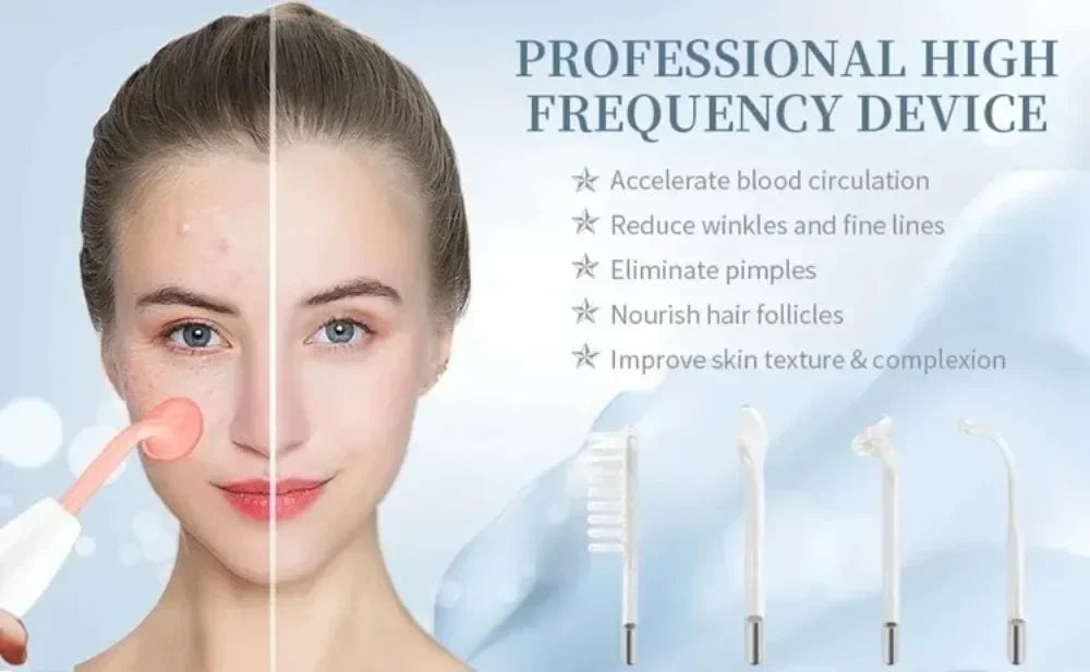 A woman is shown receiving a facial treatment with a professional high frequency device, alongside several wand attachments.