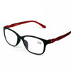 A pair of black computer reading glasses with red accents shown against a white background.