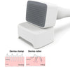 A white dermal stamp and dermal roller set for skin rejuvenation, shown with diagrams illustrating stamping and rolling techn