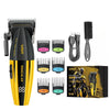 A black and yellow professional electric hair clipper with various attachments and a separate brush shown on a white backgrou