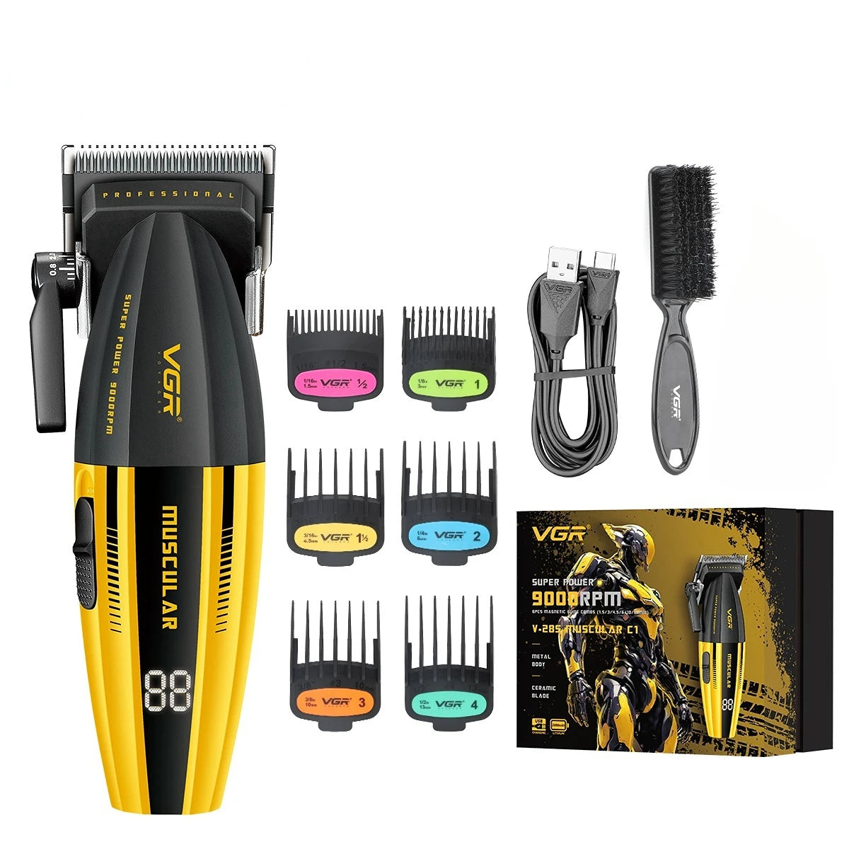 A black and yellow professional electric hair clipper with various attachments and a separate brush shown on a white backgrou