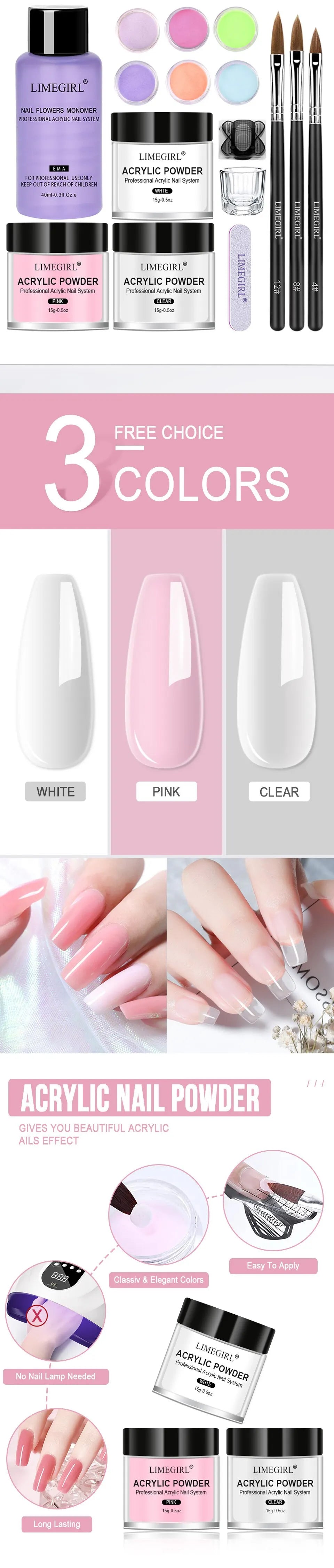 LIMEGIRL acrylic nail powder kit showing various colors and application tools for acrylic nails