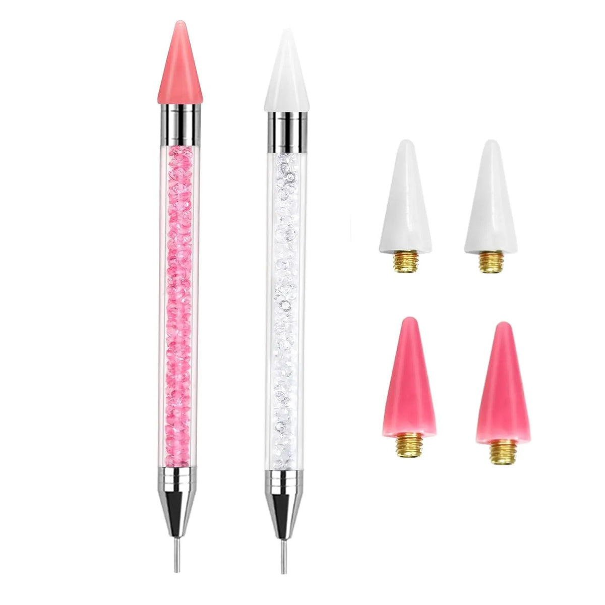 Un ensemble d'outils à pinces à strass à double extrémité, avec des pointes roses et en diamant transparent.