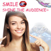 A smiling young woman pointing to a sparkling diamond and a stylized lip icon promoting DIY tooth jewelry kit