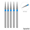 A set of five silver diamond nail drill bits with blue handles and a magnified view showing the tip size.