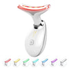 A white LED neck and face lifting massager with a red light feature shown from various angles.