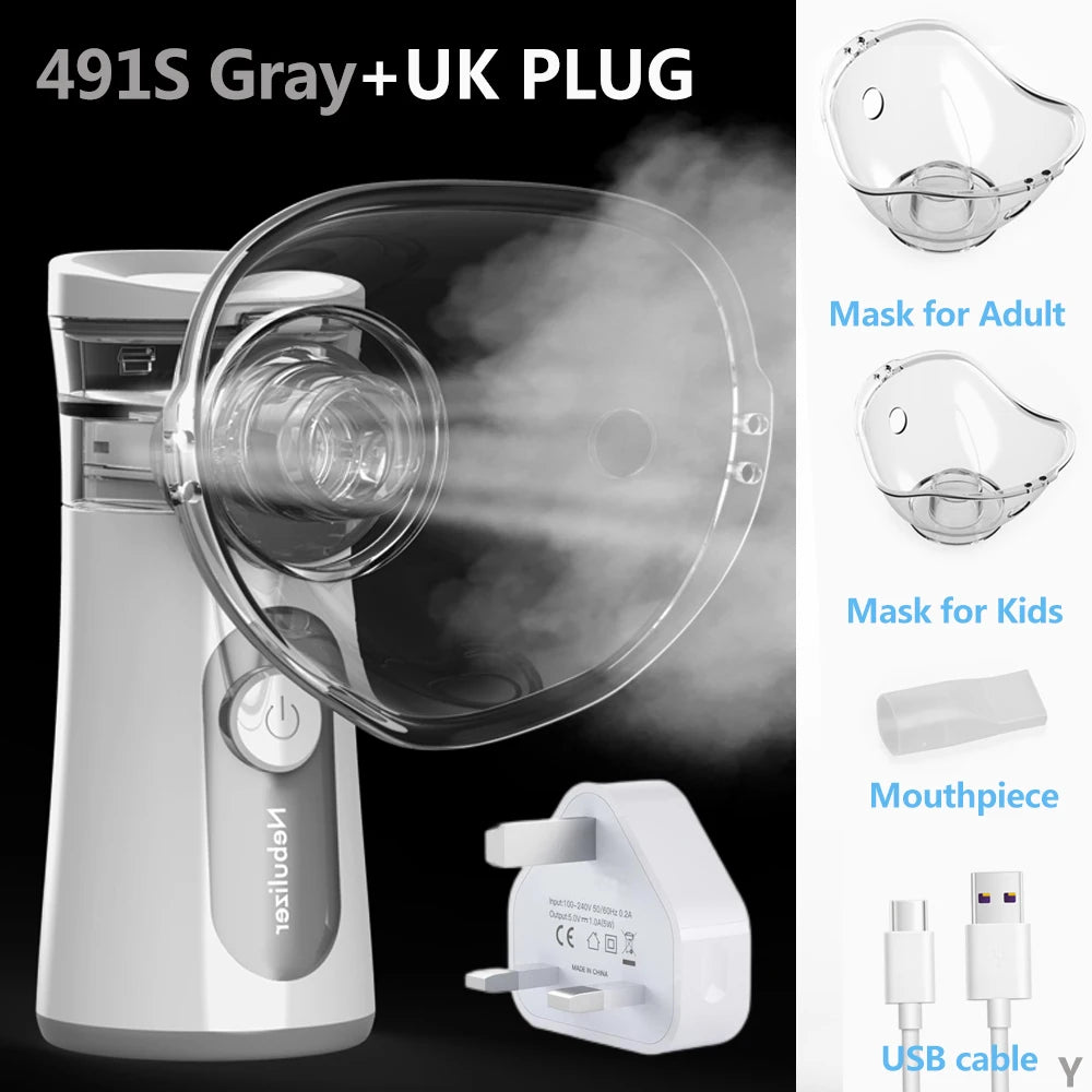 A white handheld mesh nebulizer with a clear mask and USB cable shown next to its components.