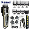 A beige and black Kemei 80 power cordless hair trimmer with various attachments shown.