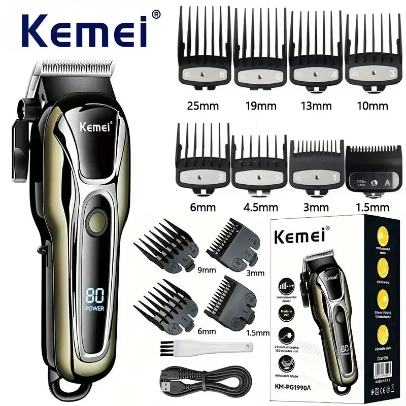 A beige and black Kemei 80 power cordless hair trimmer with various attachments shown.