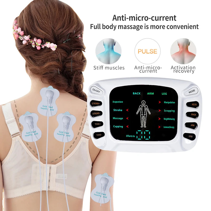 A woman is receiving full body massage using a white anti-microcurrent device on her back and neck.