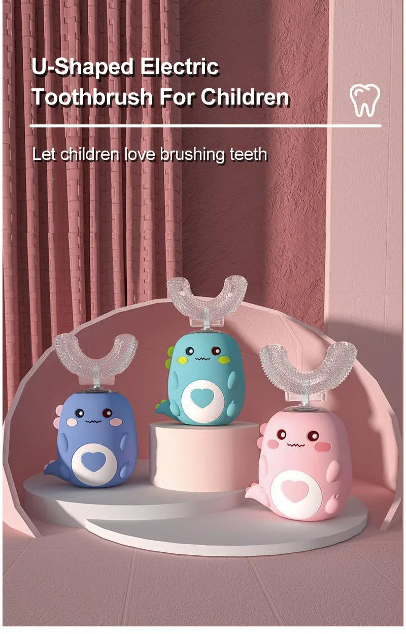 A display of three U-shaped electric toothbrushes for children with cute cartoon designs on a pink cake stand.