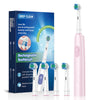 A pink rechargeable electric toothbrush and various brush heads are shown next to its packaging.