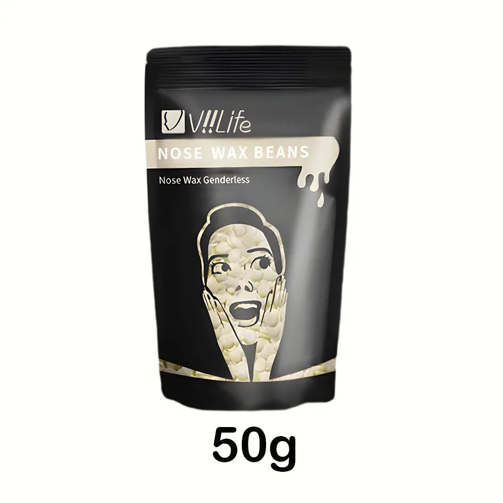 A black jar of V!!!Life Nose Wax Beans for nose hair removal, labeled 50g.
