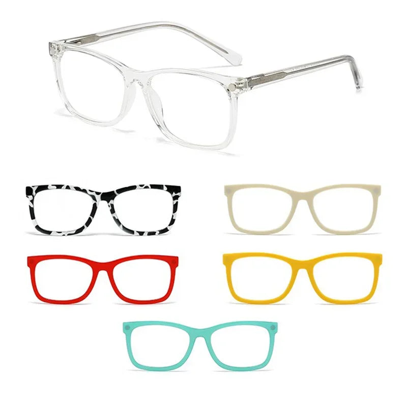 A collection of clear, acetate eyeglass frames in various colors including silver, beige, red, and yellow.